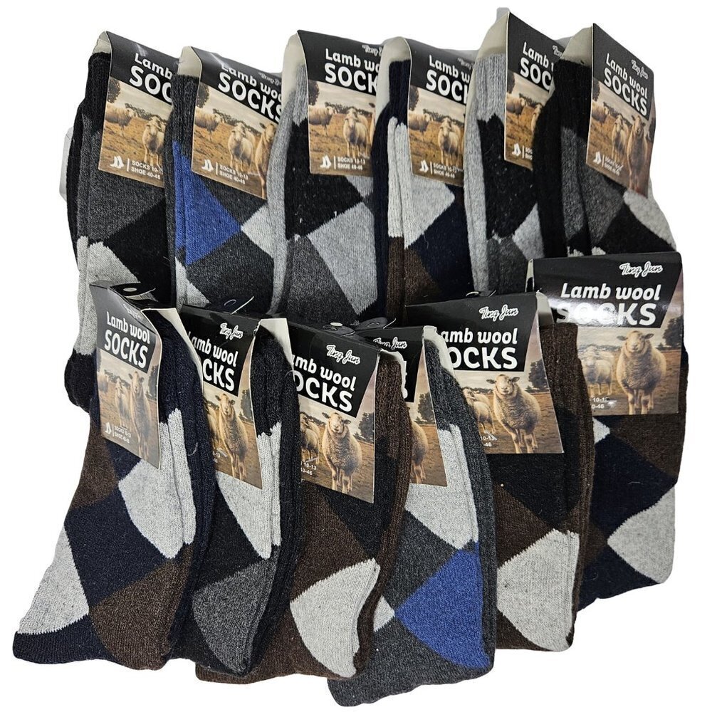 Men Winter Wool Socks Lamb Wool Warm Socks Argyle Pattern Size 10-13 12-PACK NWT
